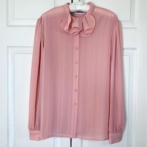Vintage Blouse Baby Pink Ruffle Collar Pinstripe 80s Office Feminine Modest